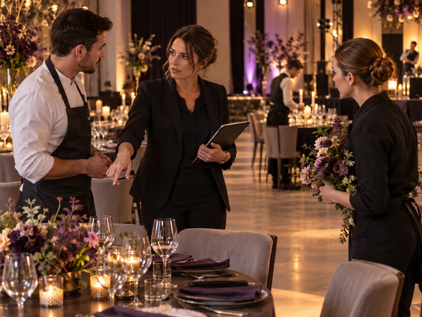 Event planner coordinating professionals at an event in Belgium