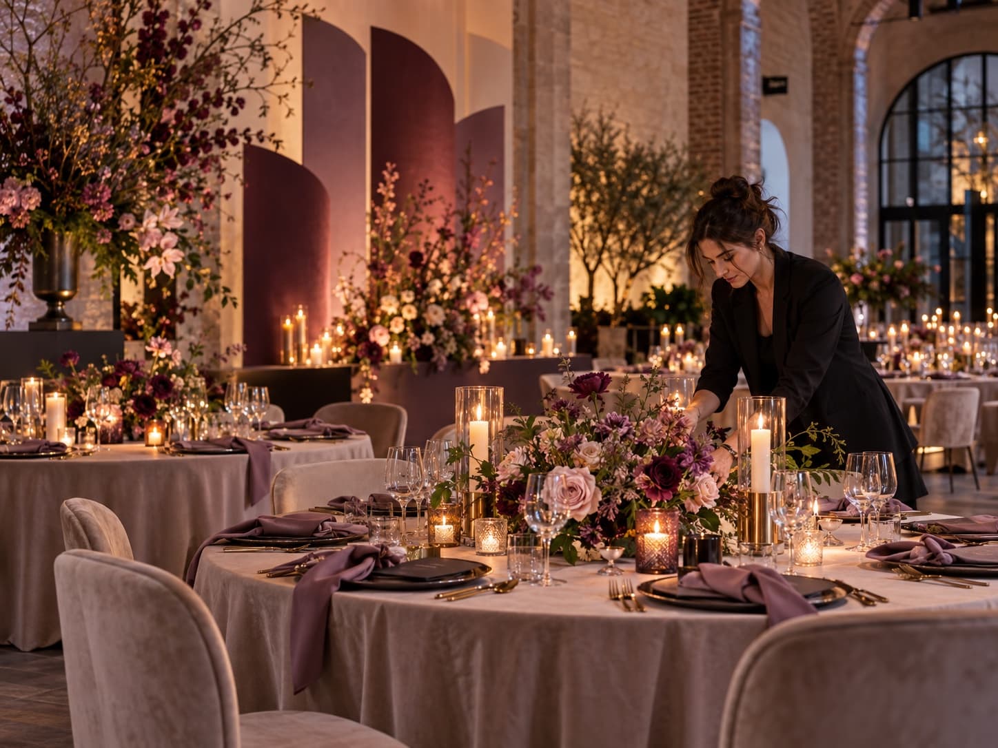 Professionally decorated event space with floral and table styling in Belgium