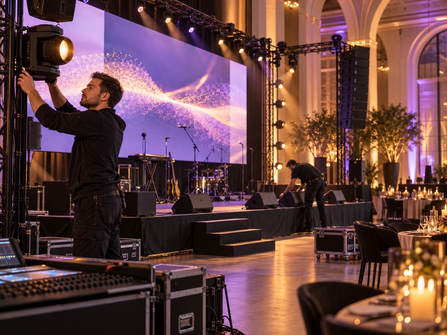 Professional sound, lighting and technical production setup for an event in Belgium