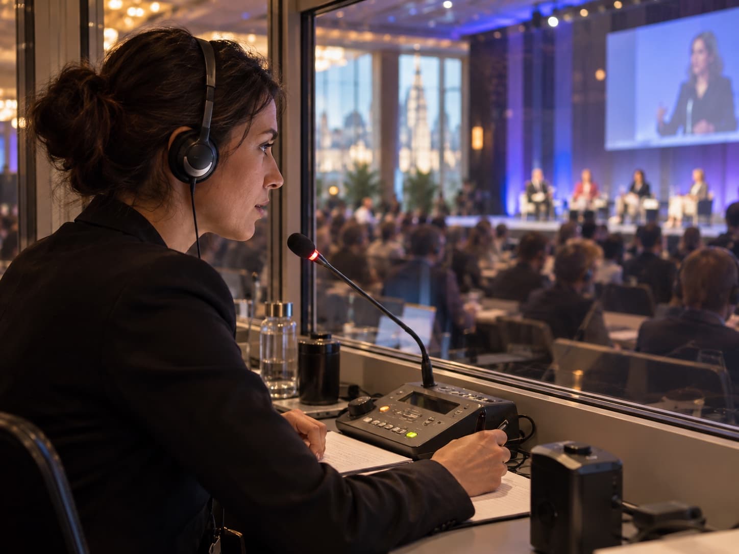 Conference interpreter supporting a multilingual event in Belgium