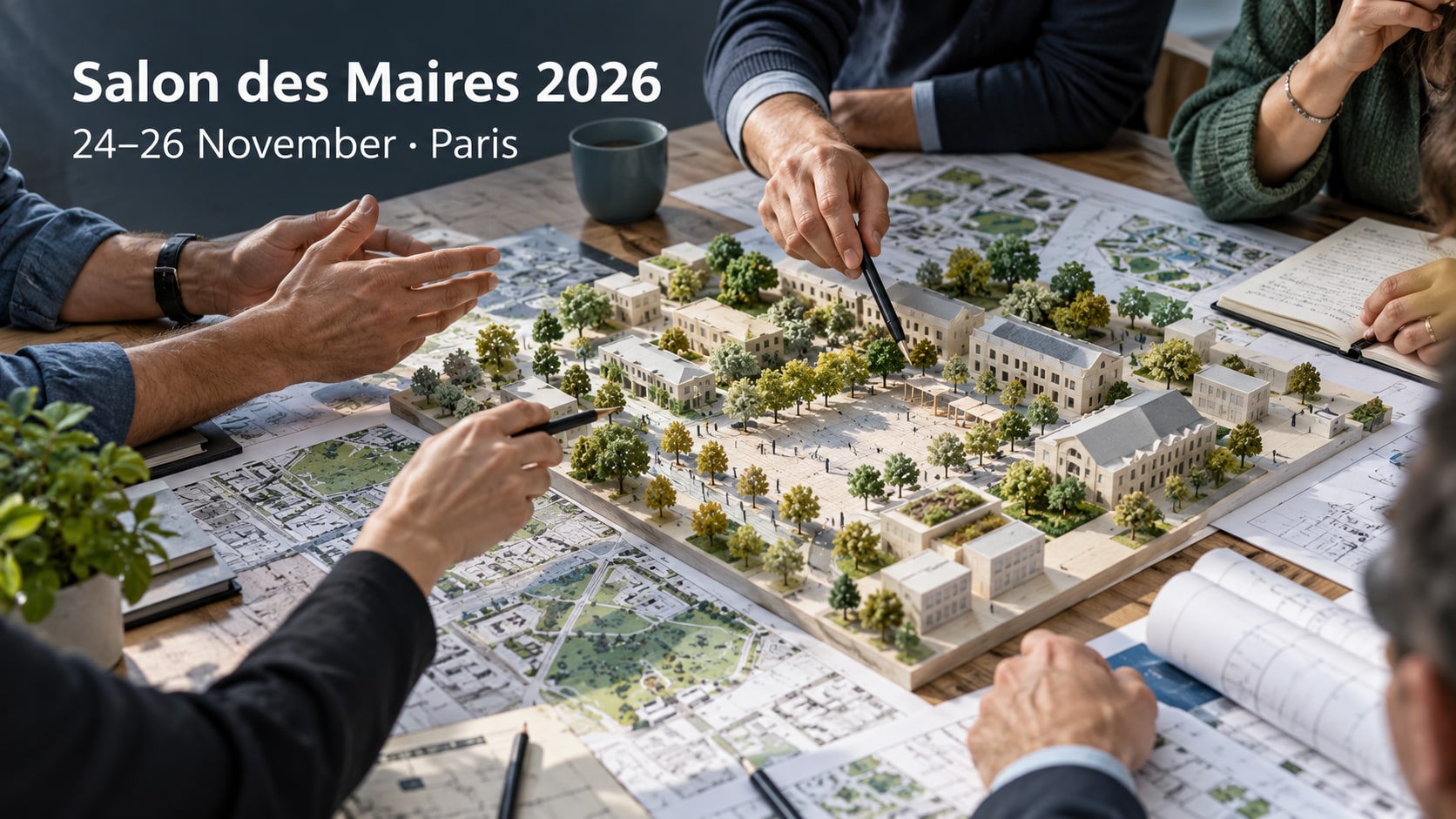 Planners discuss a model neighbourhood with trees, buildings and streets.