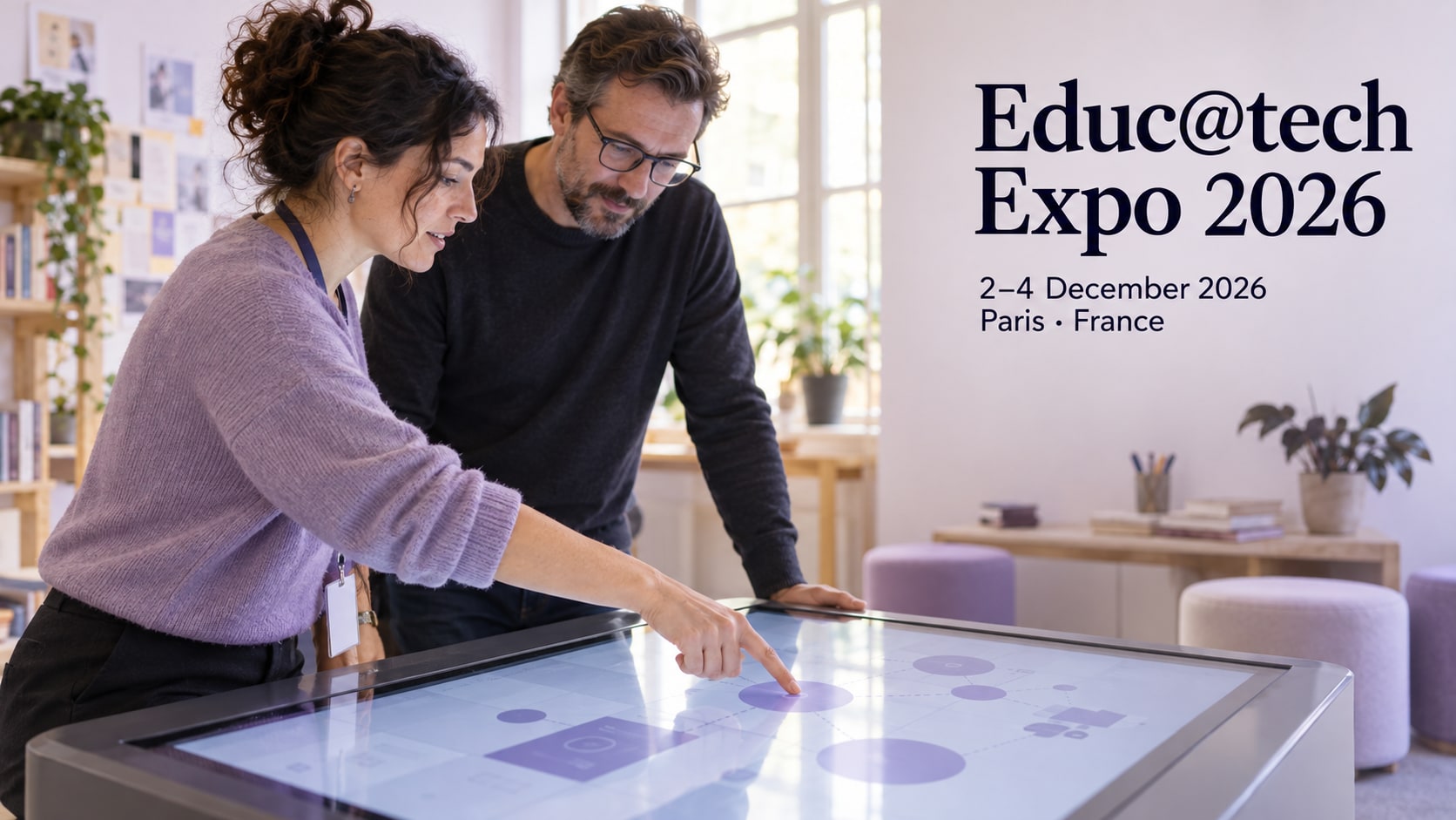 Two professionals examine an interactive display in a bright learning studio.