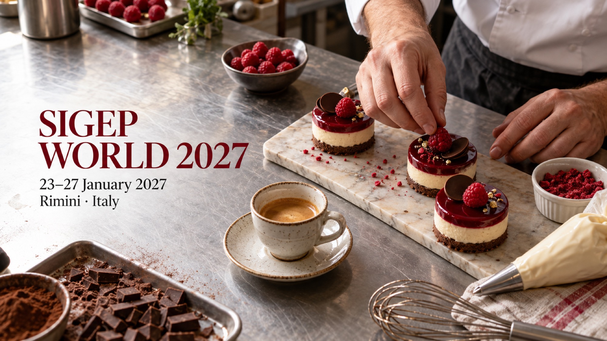 A pastry chef plates small desserts beside espresso and bakery tools on a workbench.