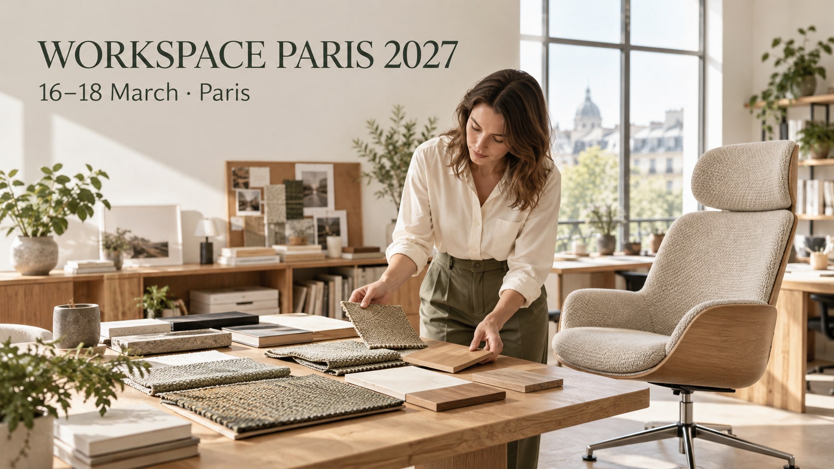Une designer compare des tissus et des échantillons de bois près d’un fauteuil.