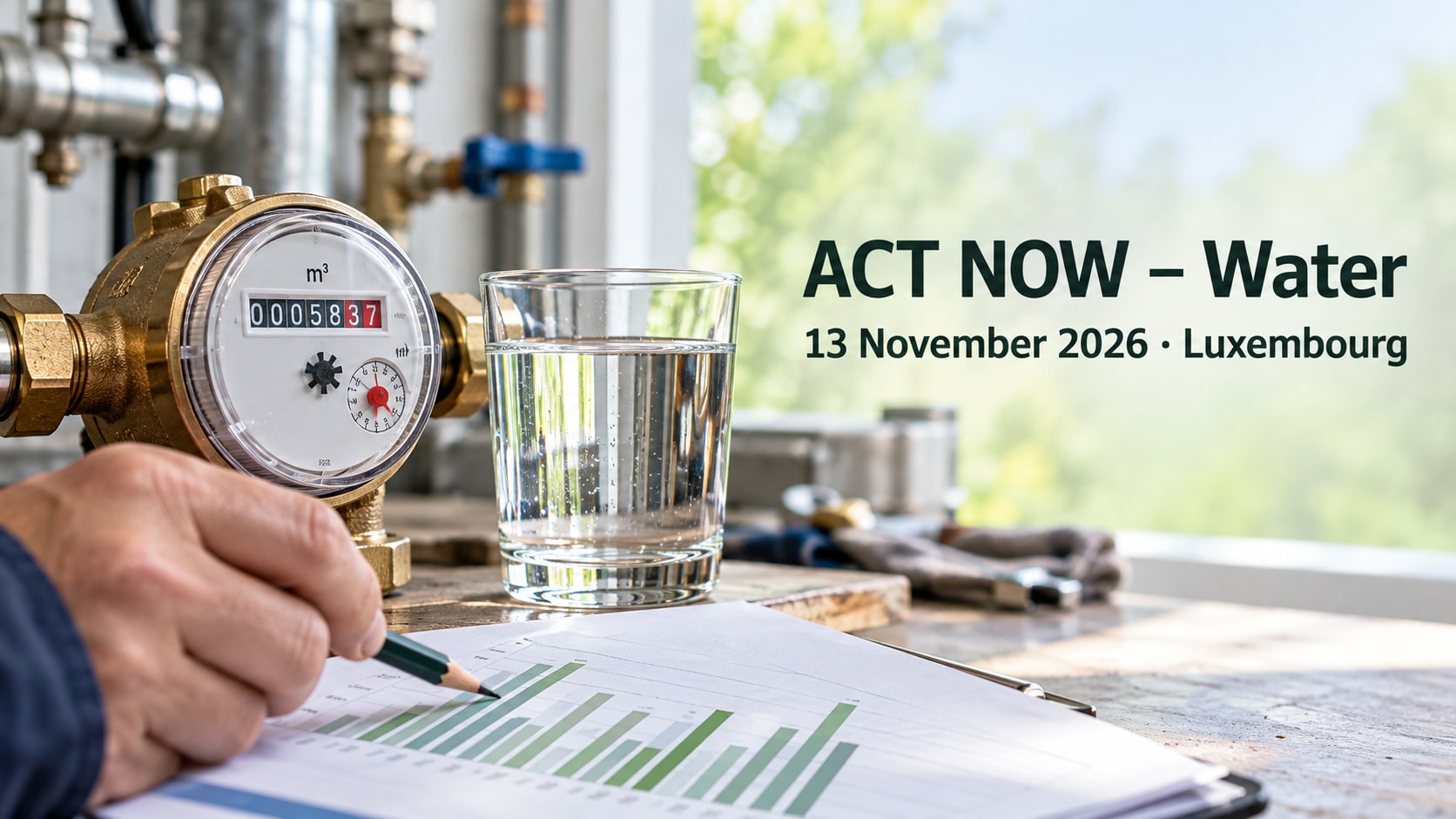 Een watermeter en glas water naast een hand die een verbruiksgrafiek annoteert.