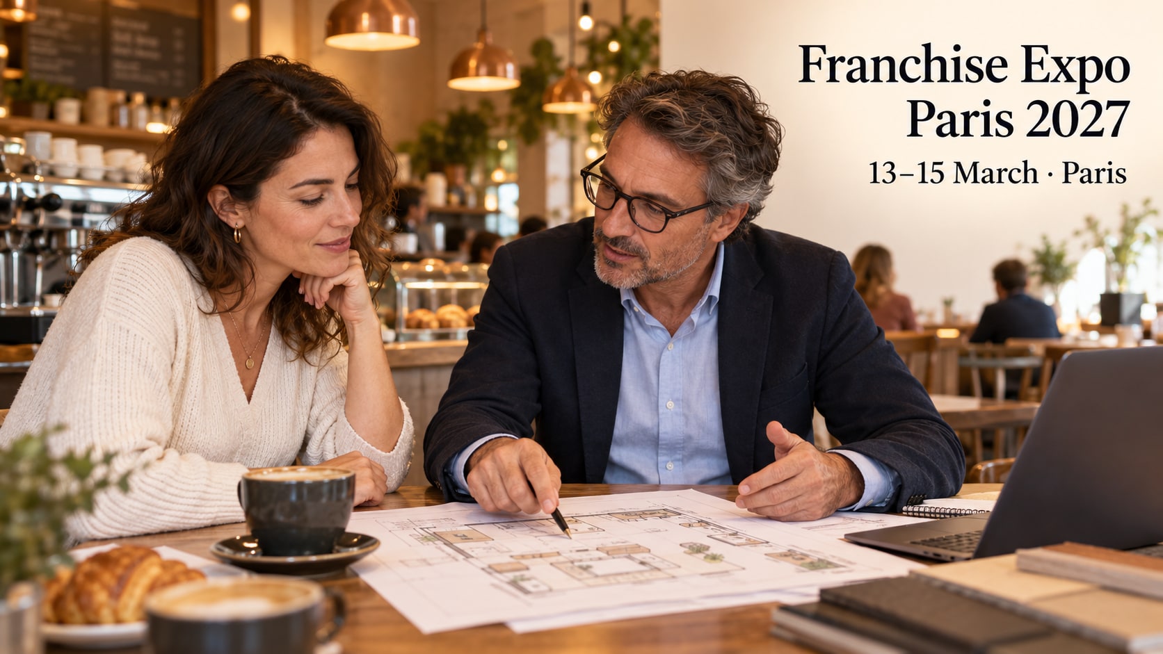 Een ondernemer en adviseur bespreken plannen en cijfers aan een cafétafel.