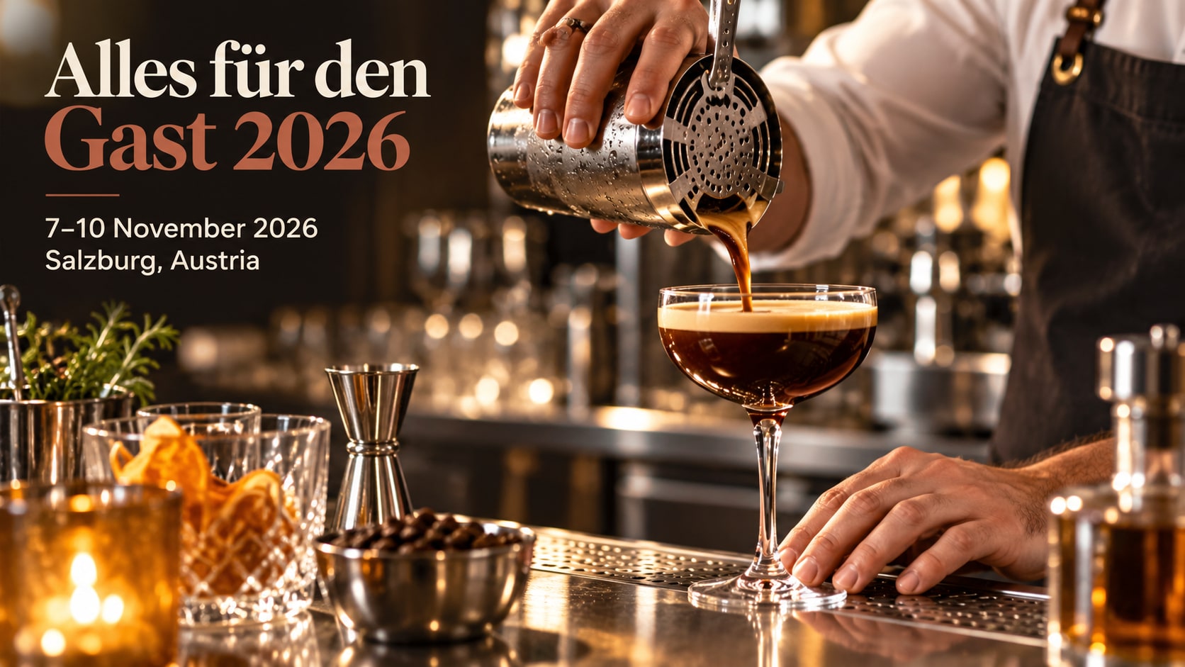 A beverage professional pouring a drink beside glassware and catering equipment, with Alles für den Gast 2026 and Salzburg dates shown in the cover.