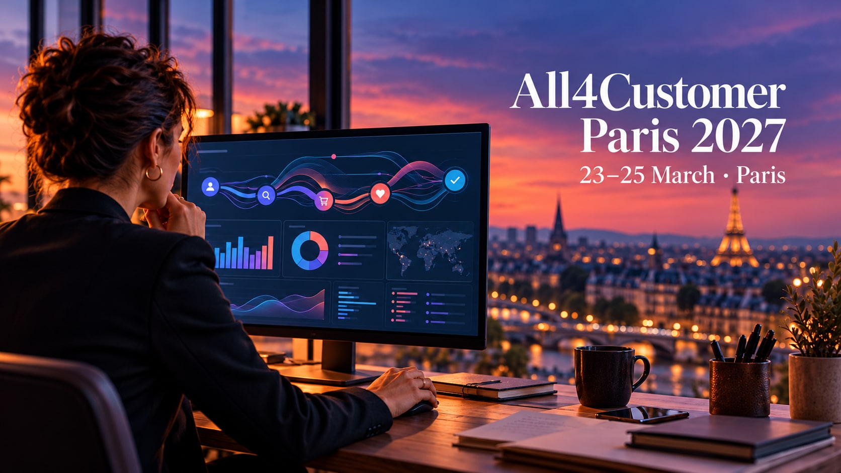 Une professionnelle consulte un parcours client sur écran avec Paris en arrière-plan.