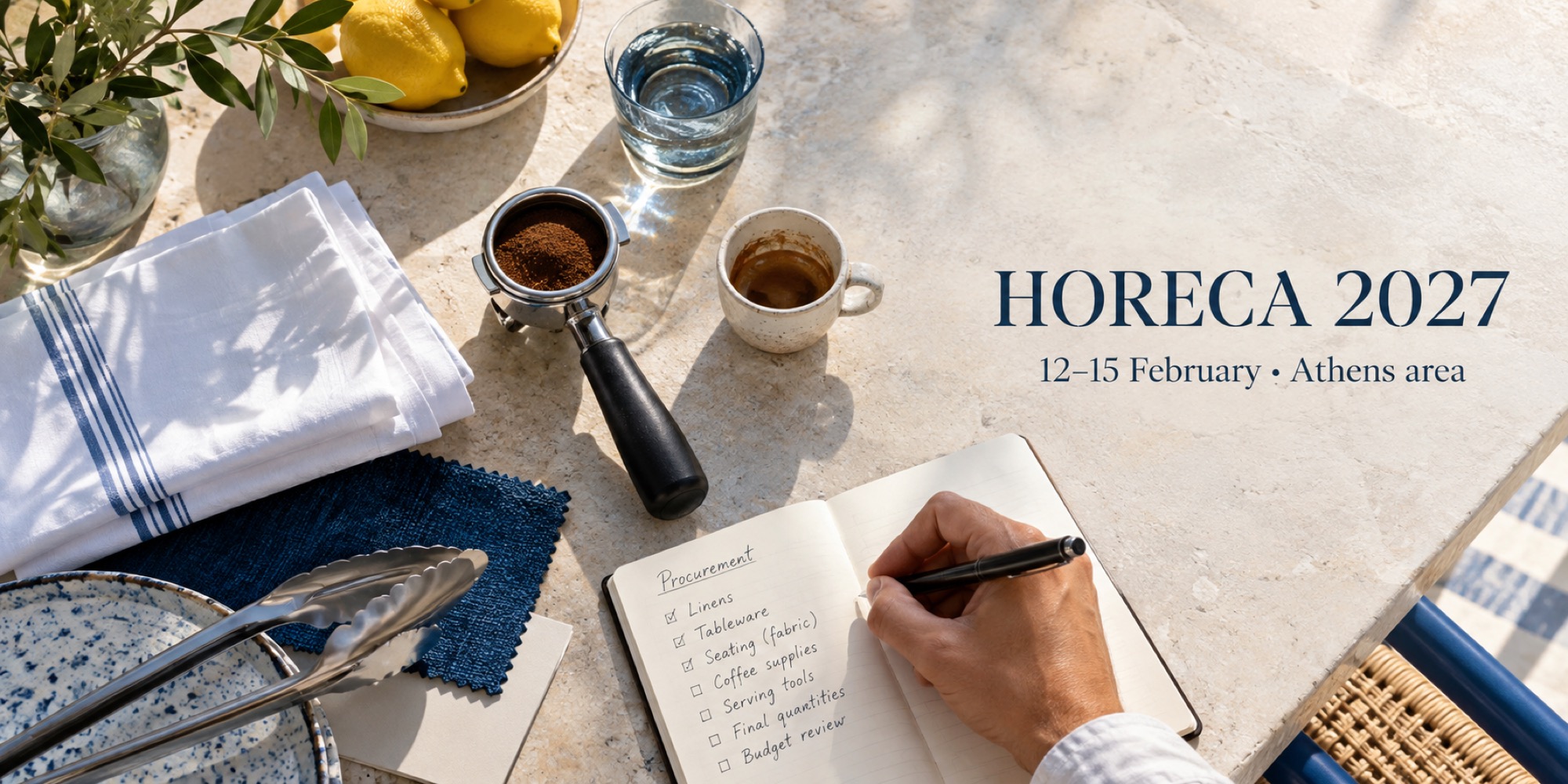 A hand writing a procurement checklist beside coffee equipment, linens and serving utensils.