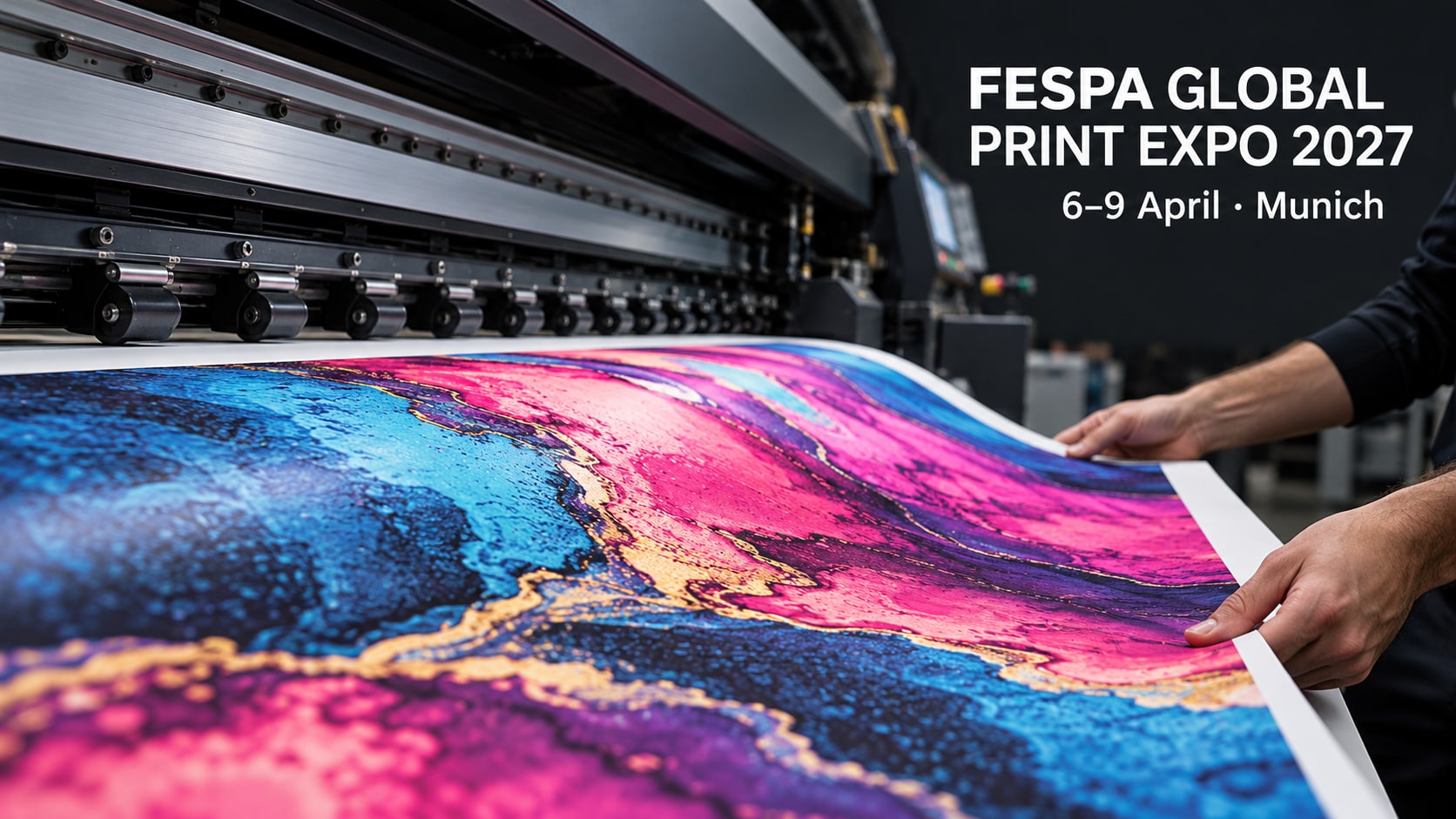A technician checks a colourful sheet emerging from a large-format printer.
