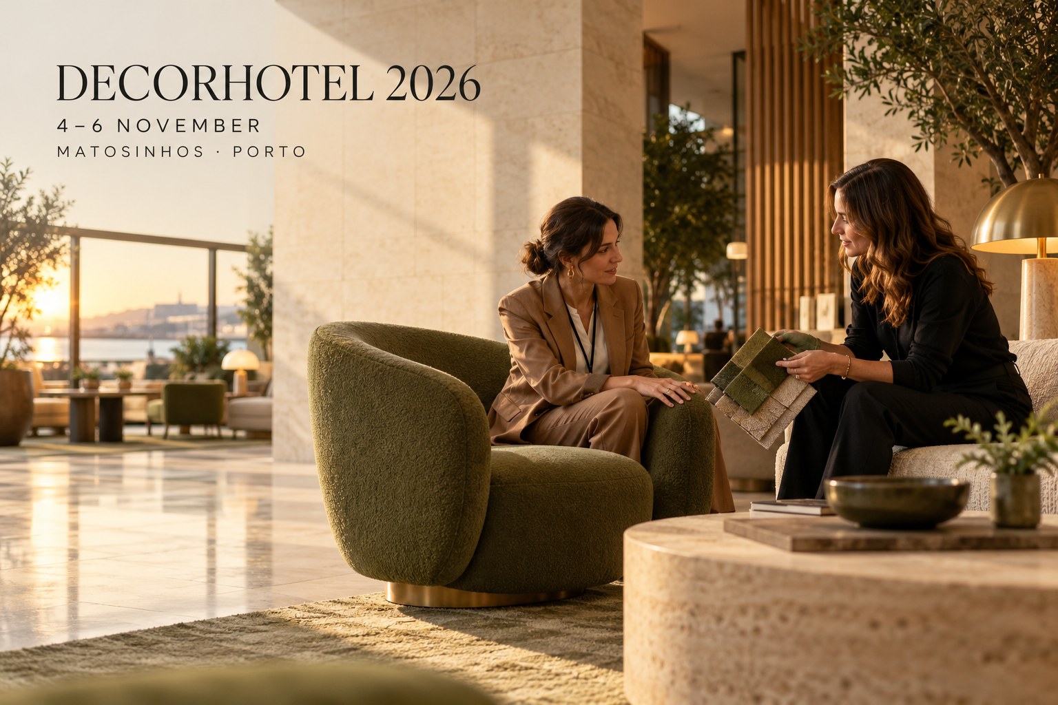 Two hospitality professionals discuss upholstery beside an armchair in a hotel lounge.