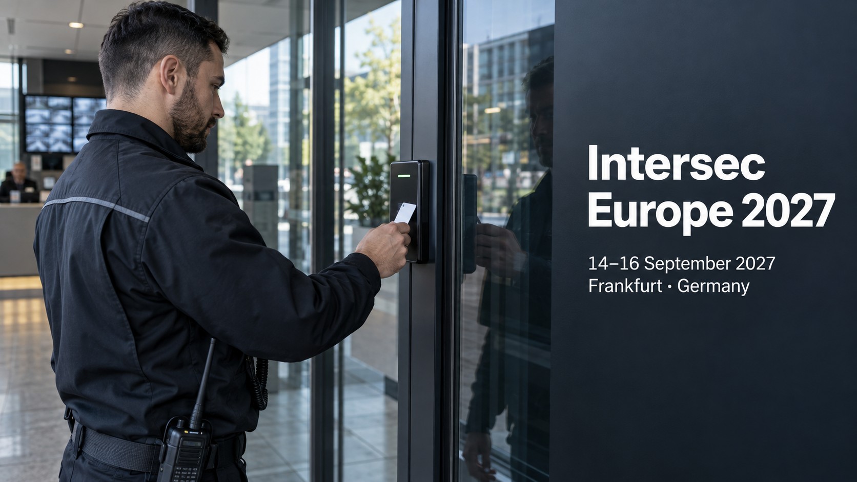 Un technicien de sécurité teste un lecteur de contrôle d’accès près d’une porte vitrée.