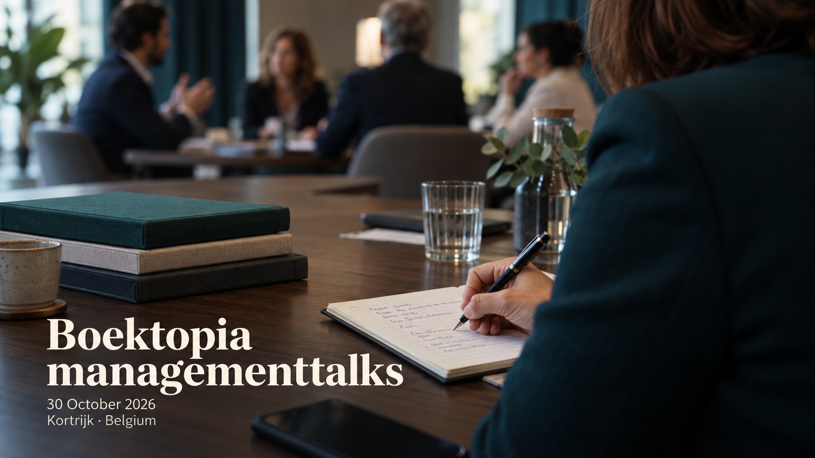 A professional taking notes beside business books during a small group discussion.