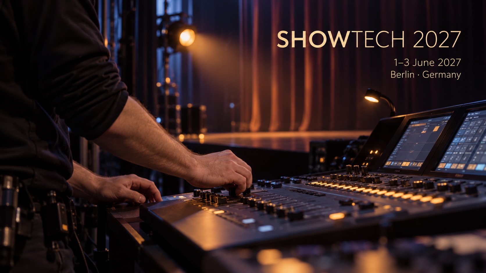 A theatre technician adjusts a lighting console beside an amber-lit stage.