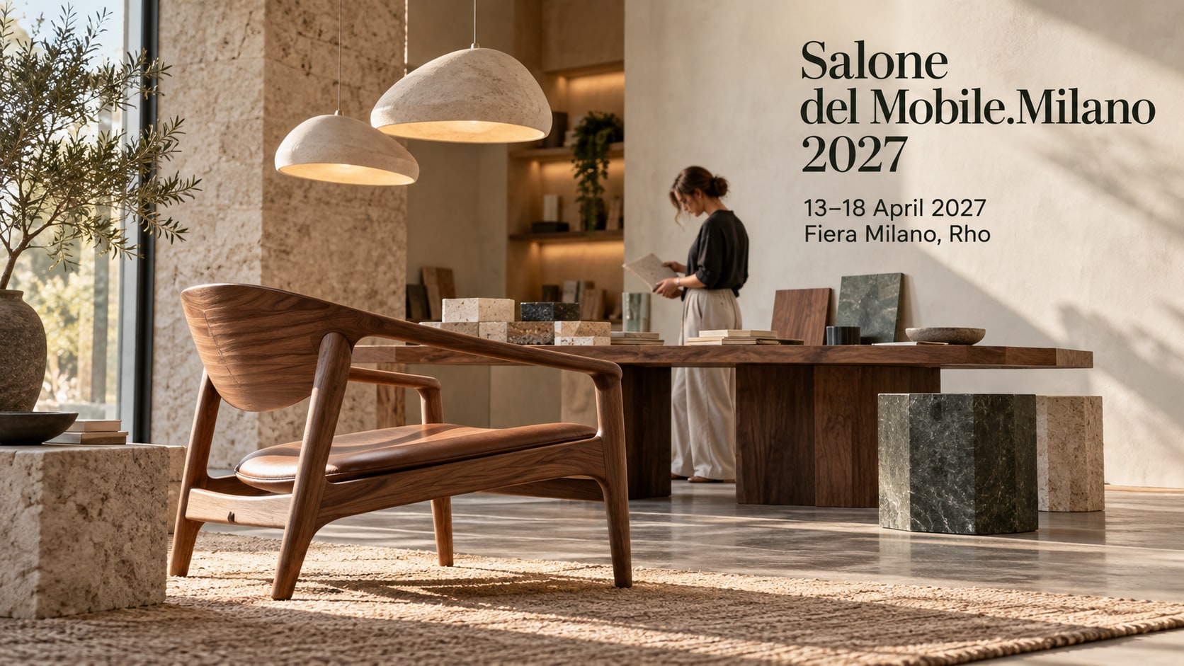 A timber chair, pendant lights and material samples in a contemporary design studio.