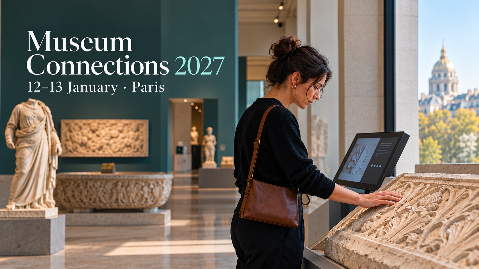 Une visiteuse explore un dispositif tactile de musée près d’un écran interactif.