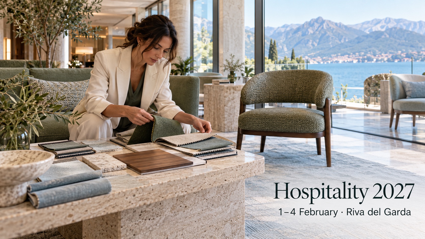 A hospitality designer compares upholstery and finish samples in a hotel lounge.
