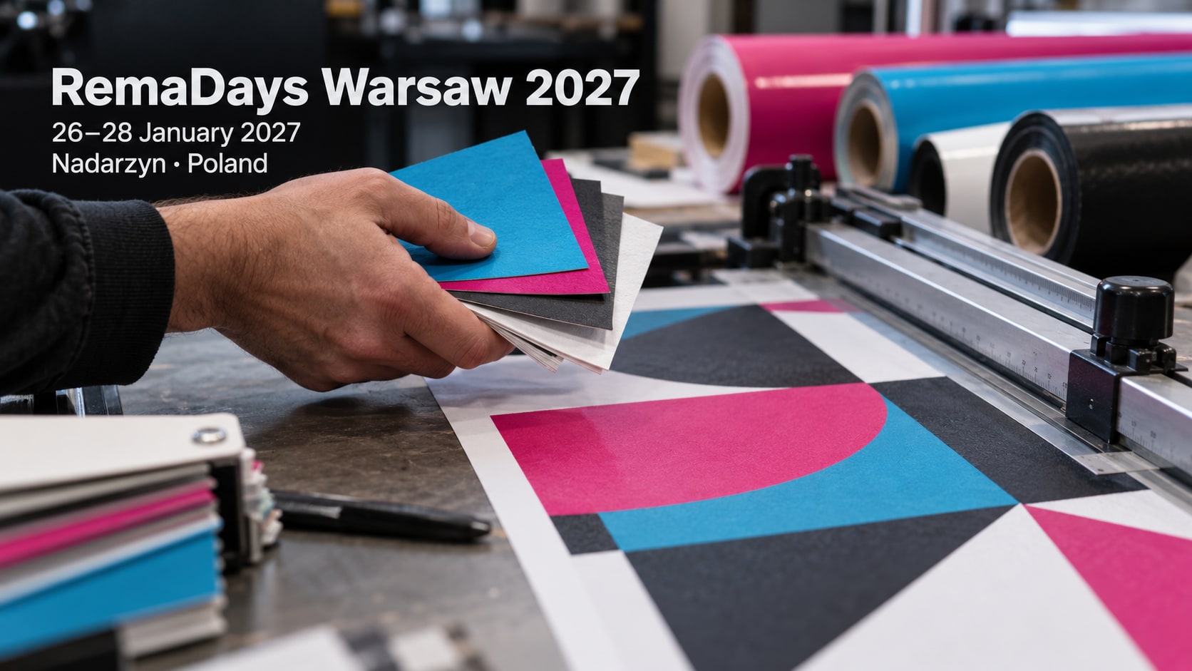 A worker holds coloured material samples beside a print-finishing cutter and vinyl rolls.