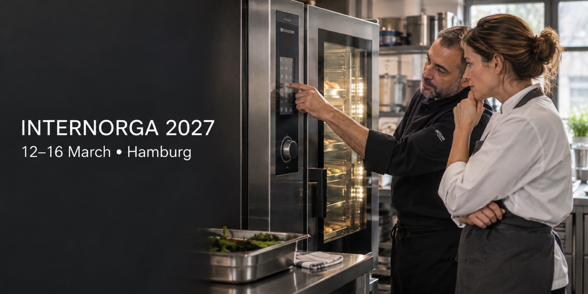 Two hospitality professionals examining the controls of a commercial oven.