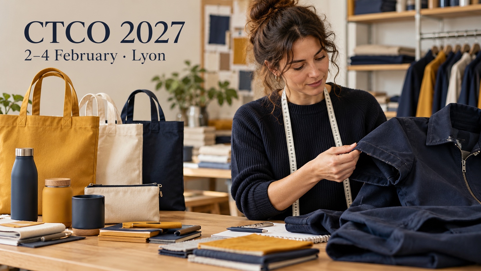 A professional examines a navy jacket beside plain promotional bags and gift samples.