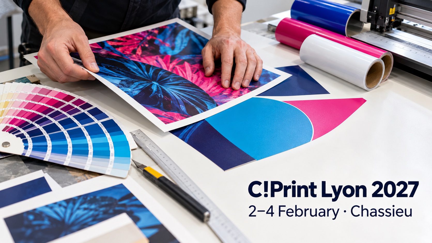 Hands examine a printed sample among colourful materials and print swatches.