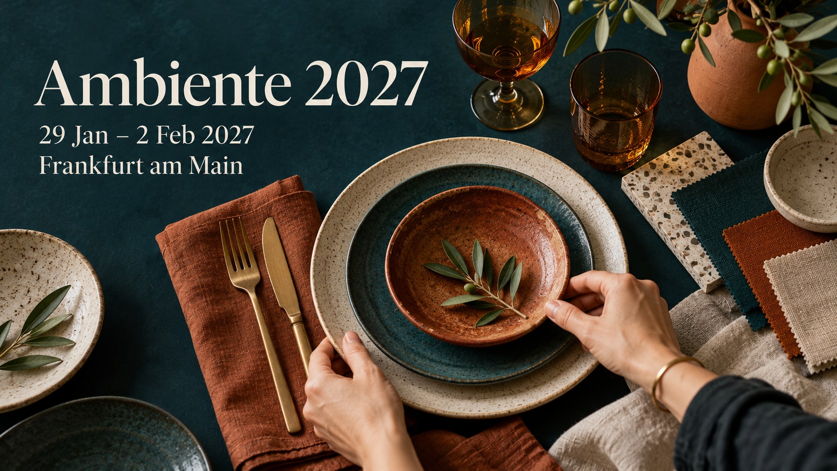 Une professionnelle dispose des assiettes texturées, des verres ambrés et des tissus.