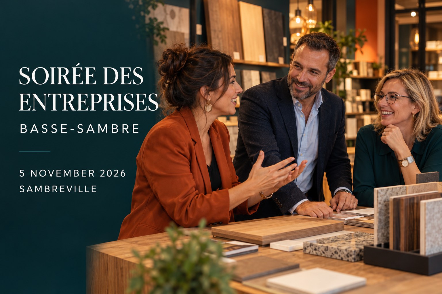 Trois professionnels échangent devant des échantillons de matériaux dans un showroom.