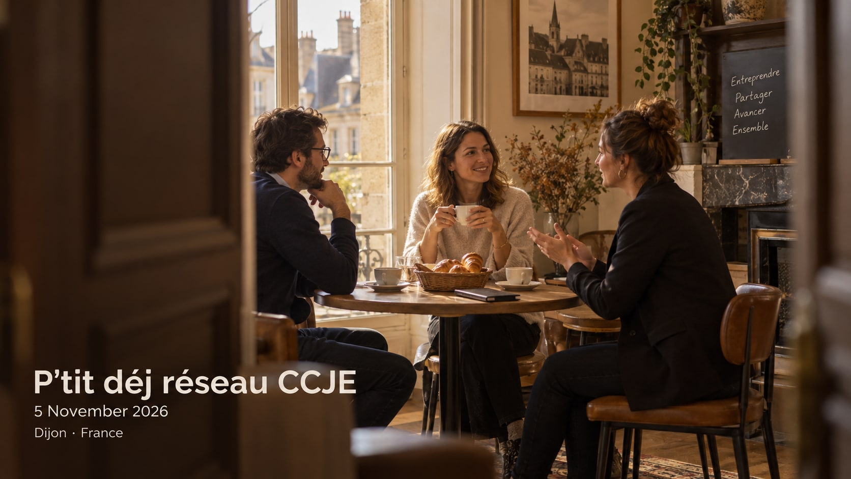 Three professionals talk over coffee and croissants at a small round table.