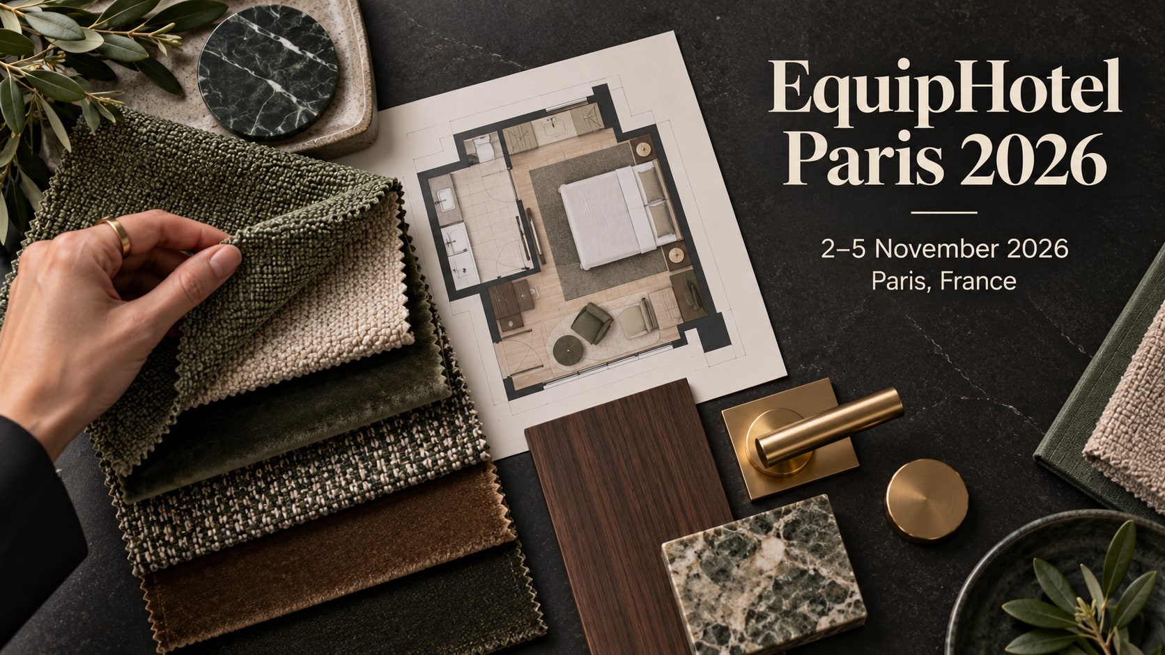 Upholstery swatches, wood, brass and stone samples beside a hotel floor plan, with EquipHotel Paris 2026 and 2–5 November shown in the cover.