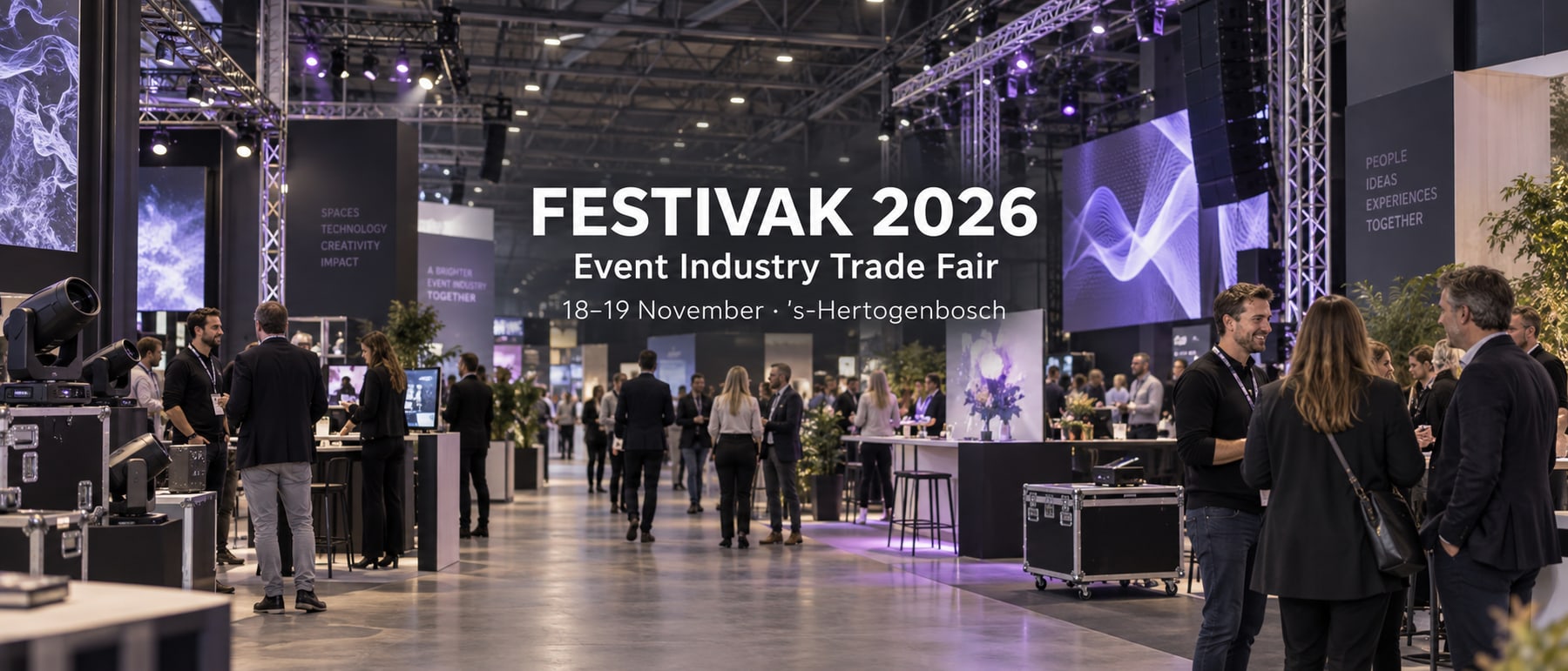 Illustrative indoor event trade fair with exhibition stands, audiovisual equipment and professionals networking.