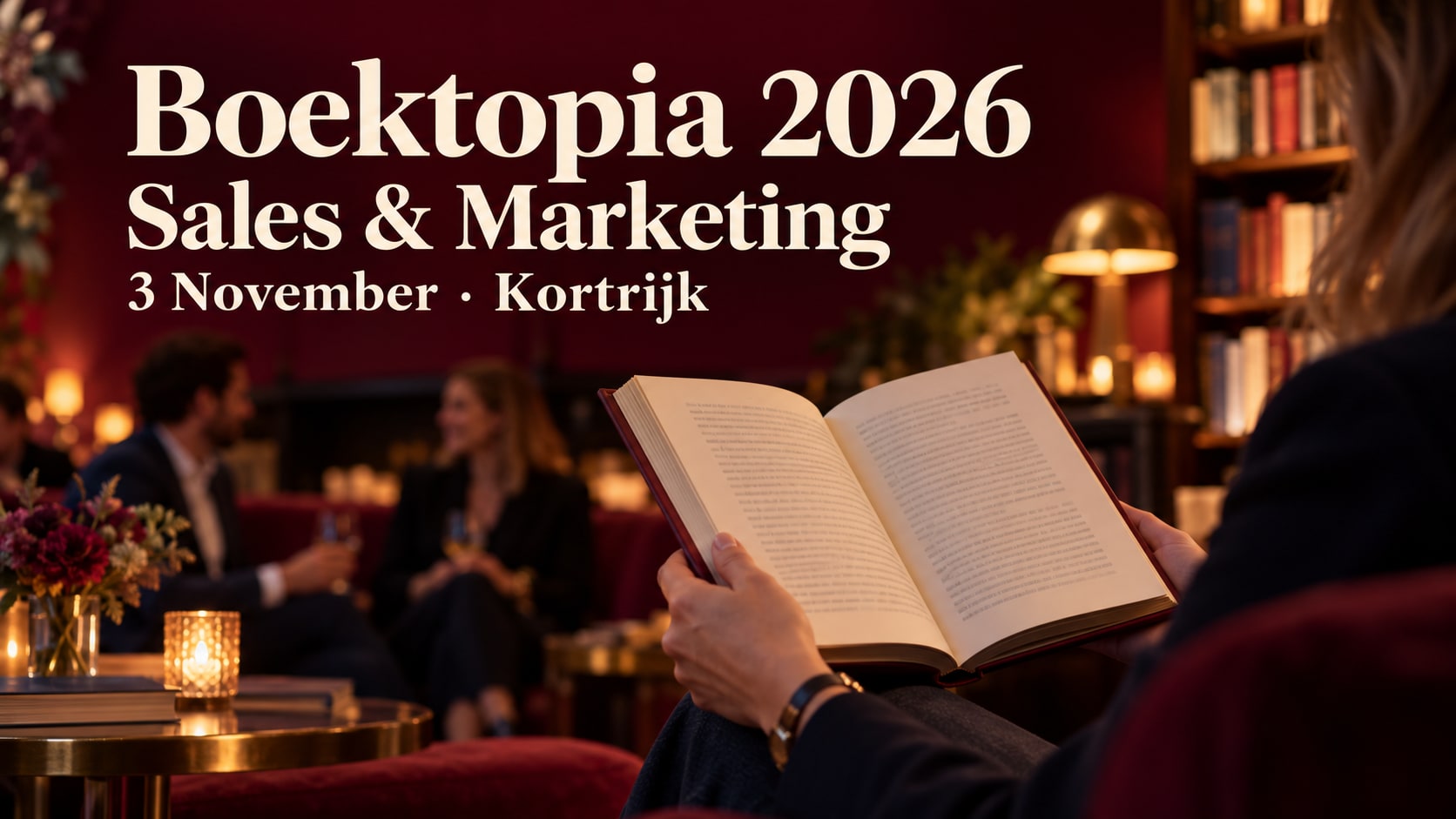 A professional holds an open book in a warmly lit book-fair lounge.