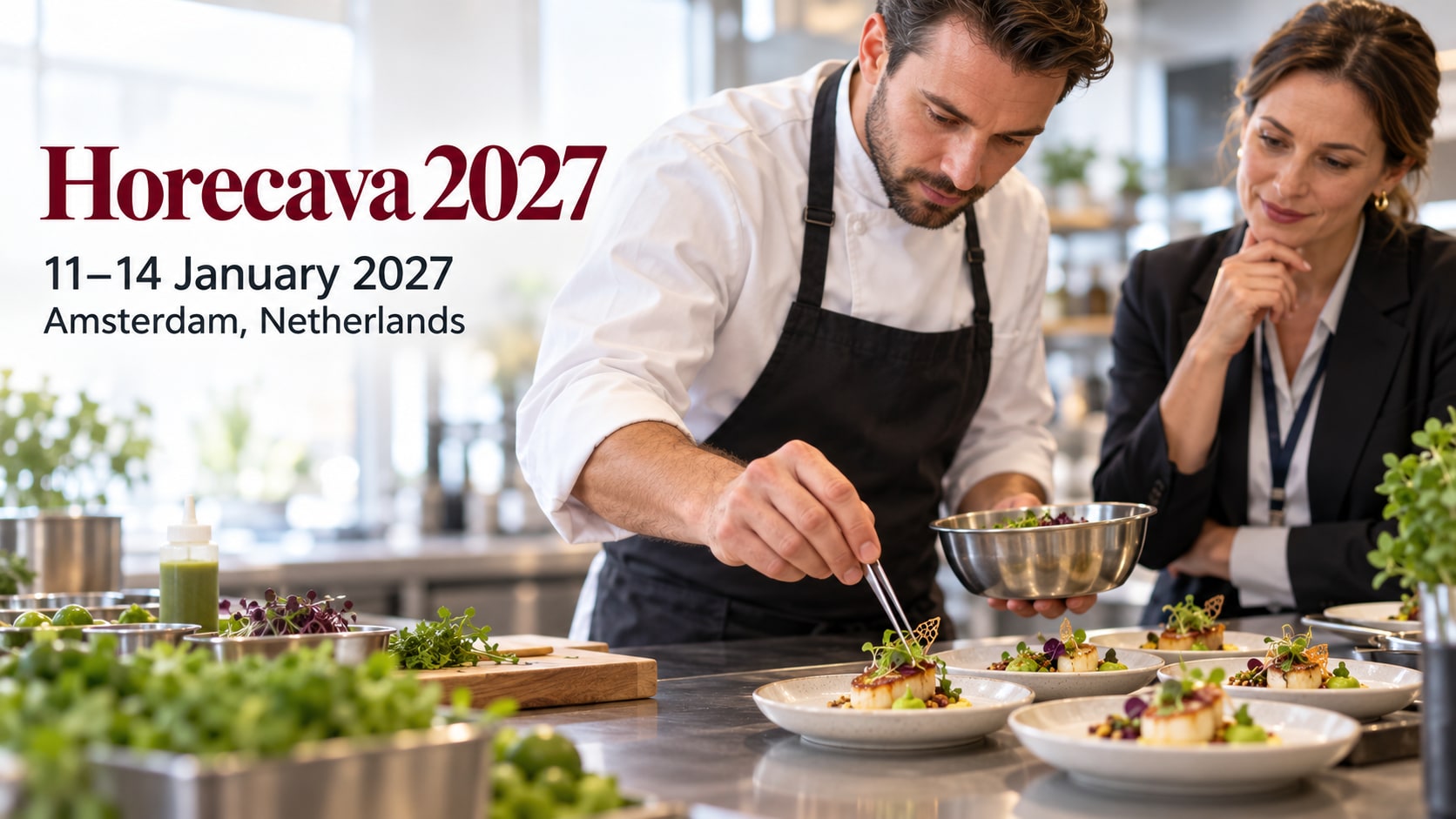 Un chef prépare des portions de dégustation près d’un acheteur ; la couverture indique Horecava 2027, les dates du 11 au 14 janvier et Amsterdam.