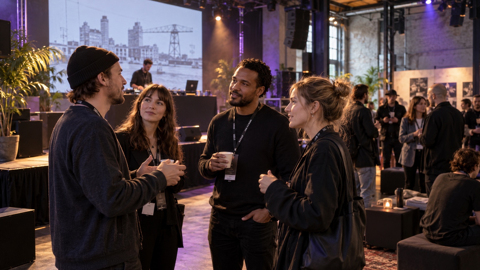 Illustrative electronic music and nightlife conference networking in an industrial venue