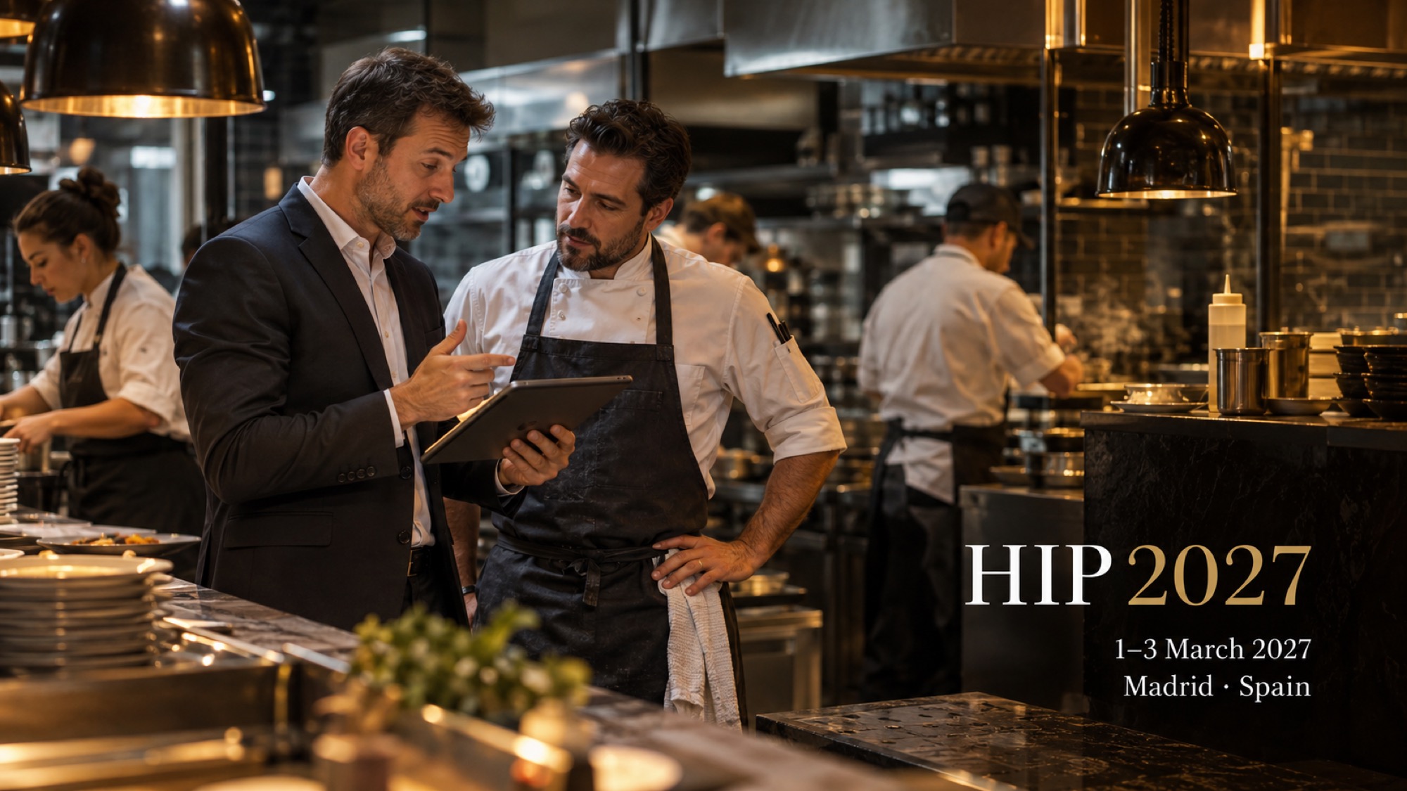 A hospitality manager and chef discuss operations beside professional kitchen equipment.