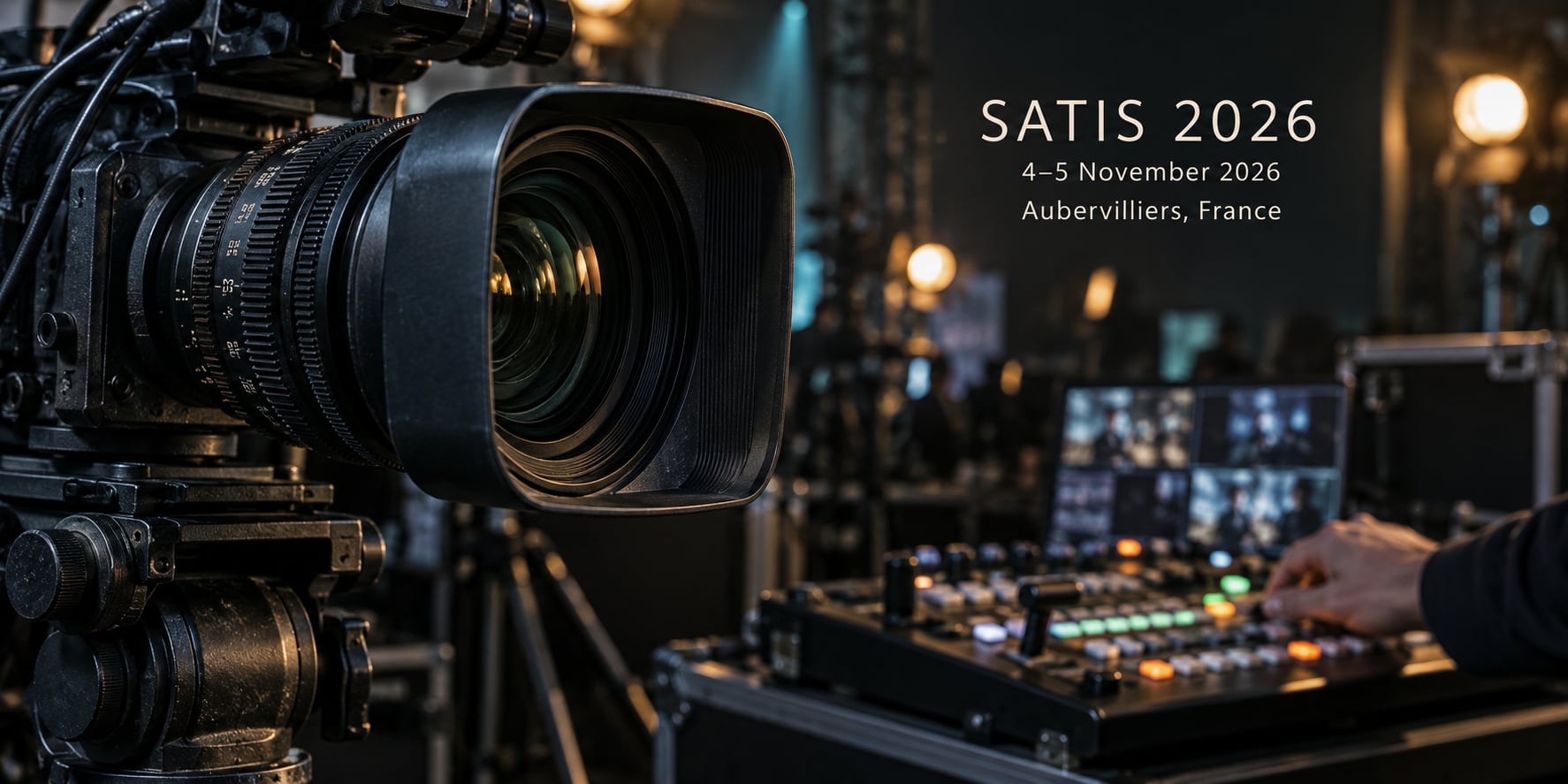 A close view of a broadcast camera beside a video switcher operated by a technician.