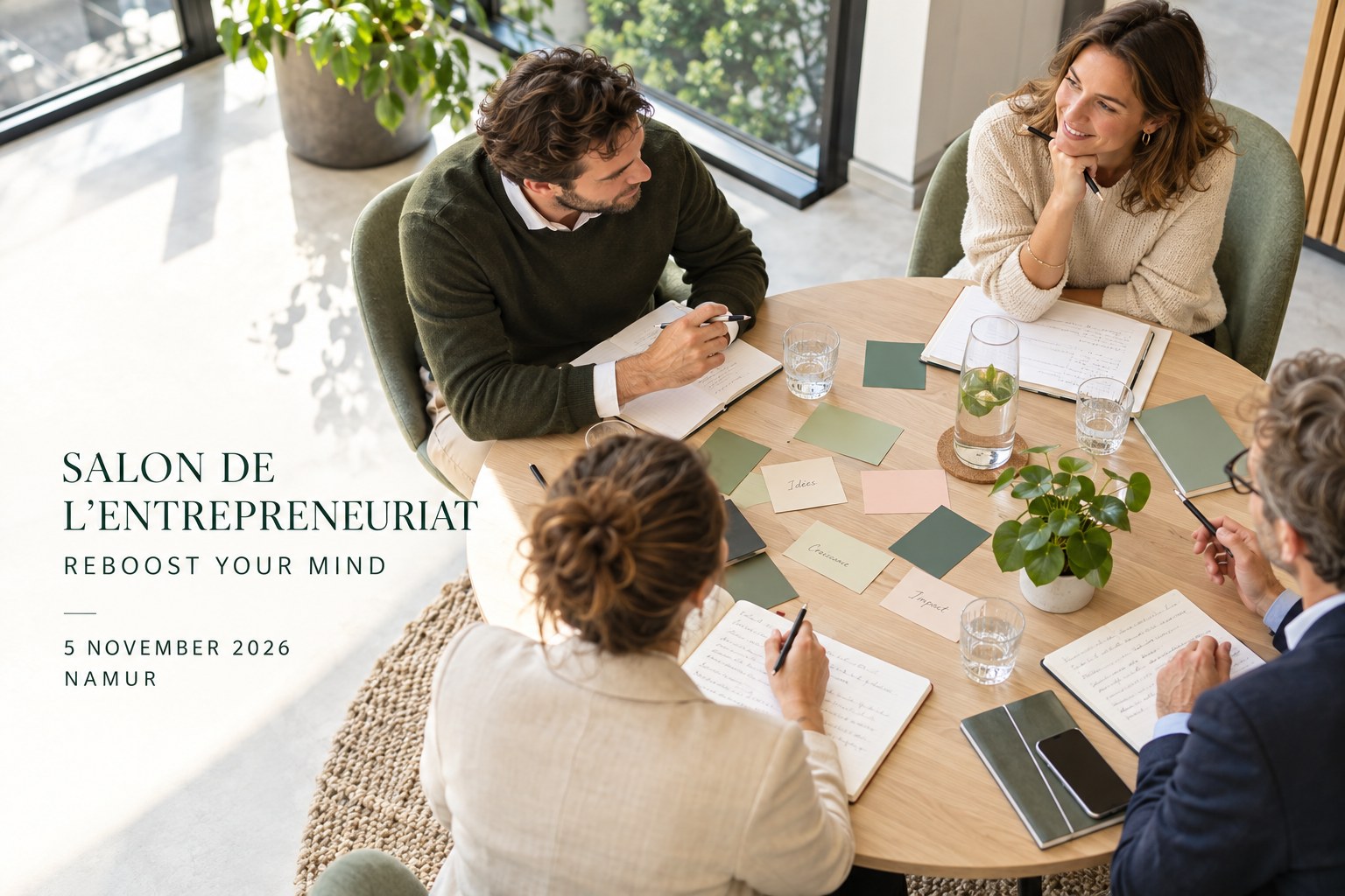 Entrepreneurs work with notebooks and idea cards around a round workshop table.