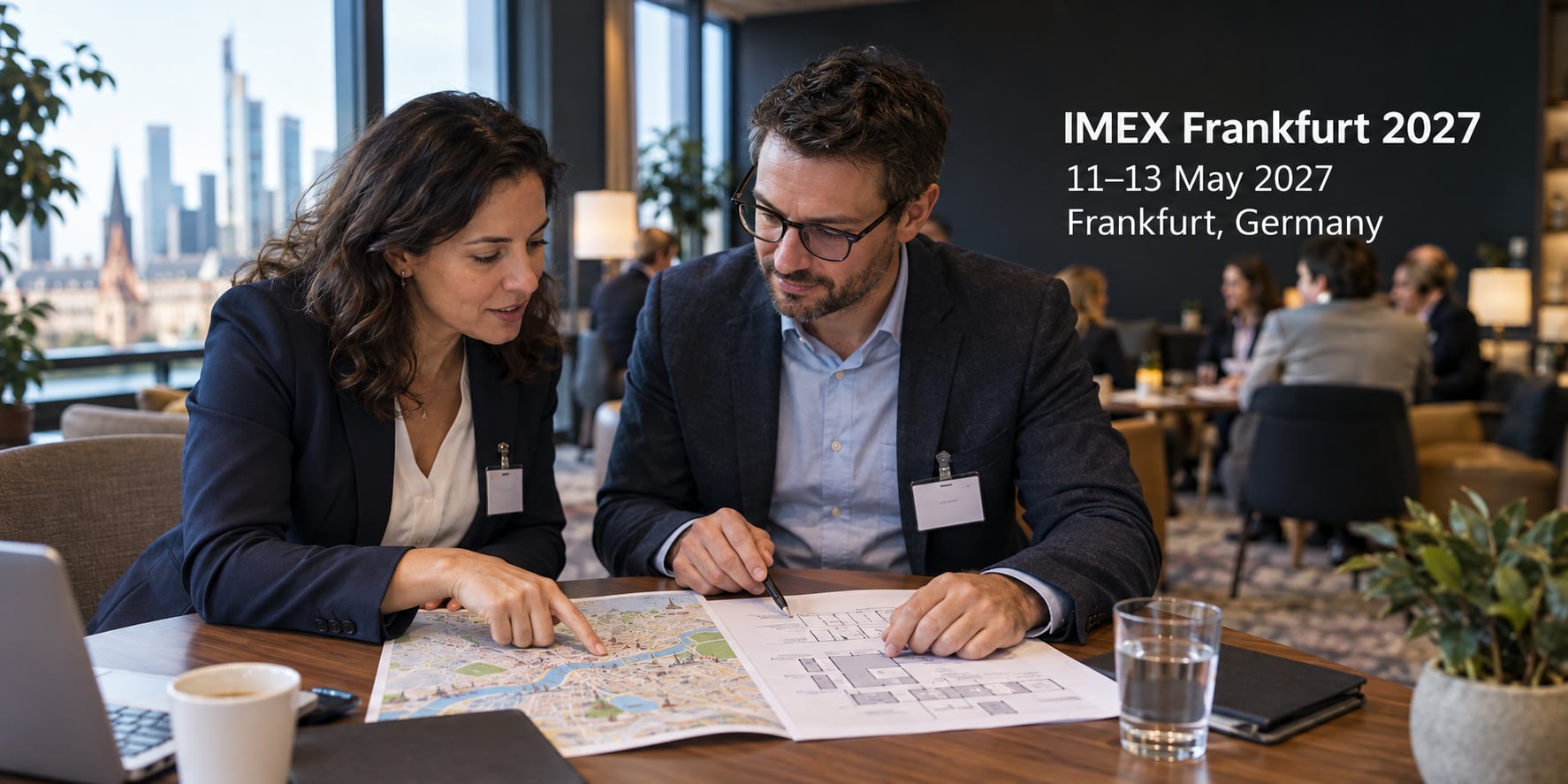 Deux professionnels comparent une carte de destination et un plan de lieu autour d’une table.