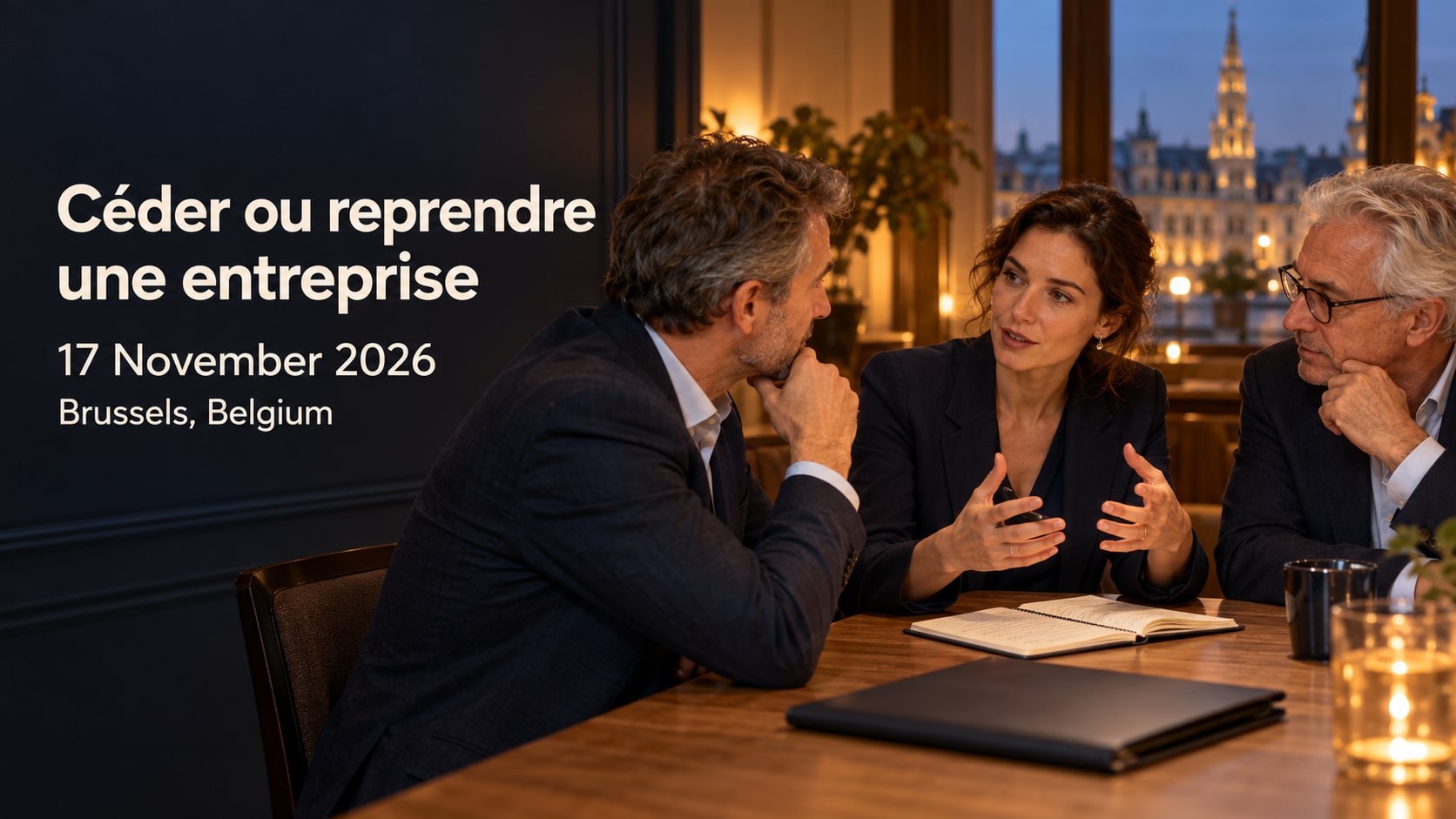 Trois professionnels discutent d’une transmission d’entreprise autour d’une table.