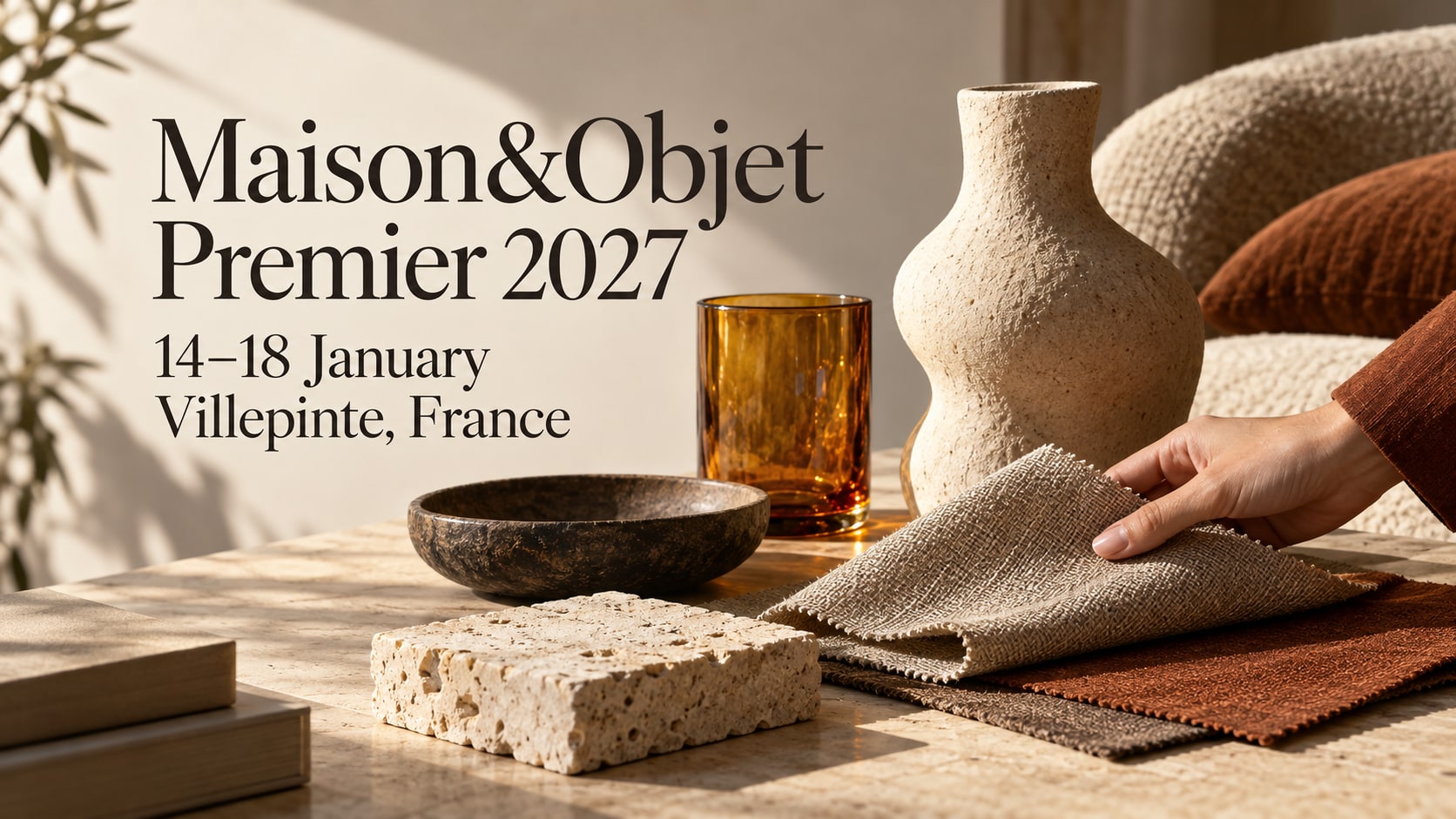 Échantillons de lin et de pierre près de céramiques et de verre ambré.