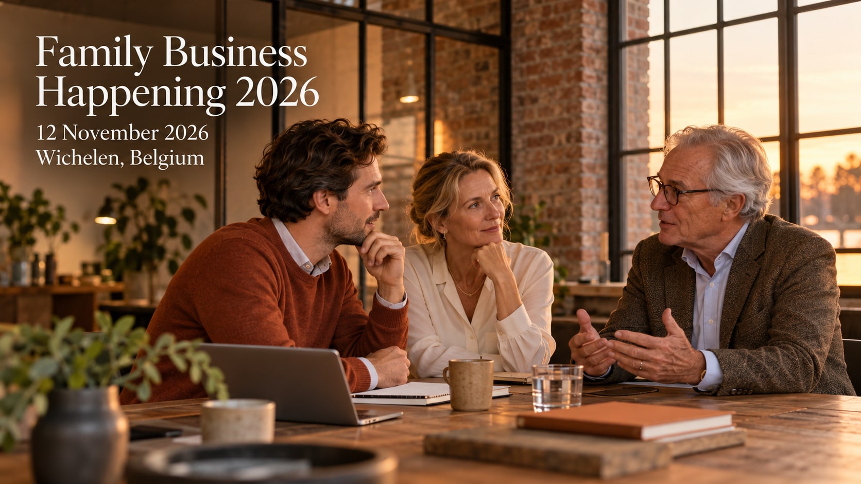 Three adults from different generations discussing business around a wooden table.