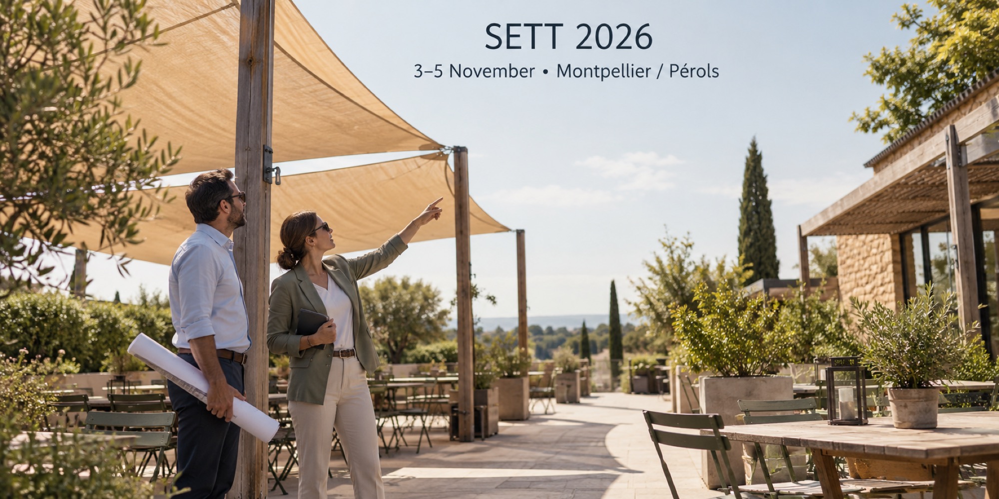 Two venue professionals discussing a shade canopy and outdoor furniture on a terrace.