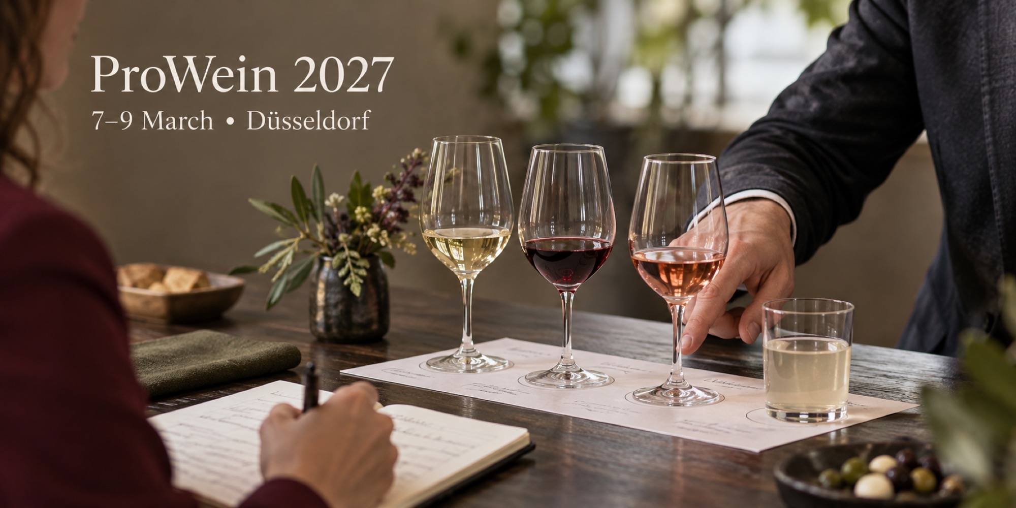 Professionals comparing tasting glasses and making notes at a beverage counter.