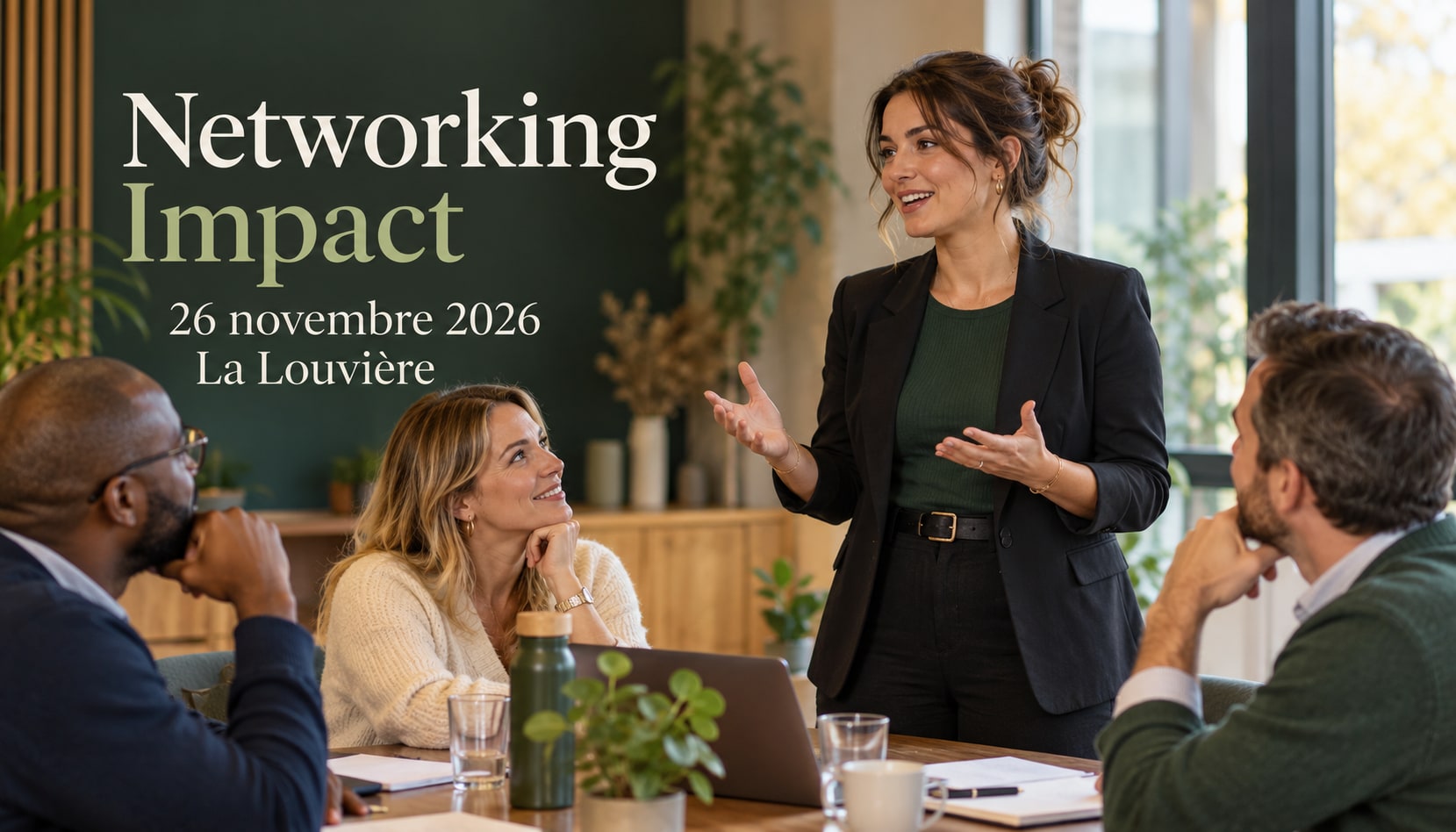 Een spreker oefent een pitch met drie professionals in een vergaderruimte