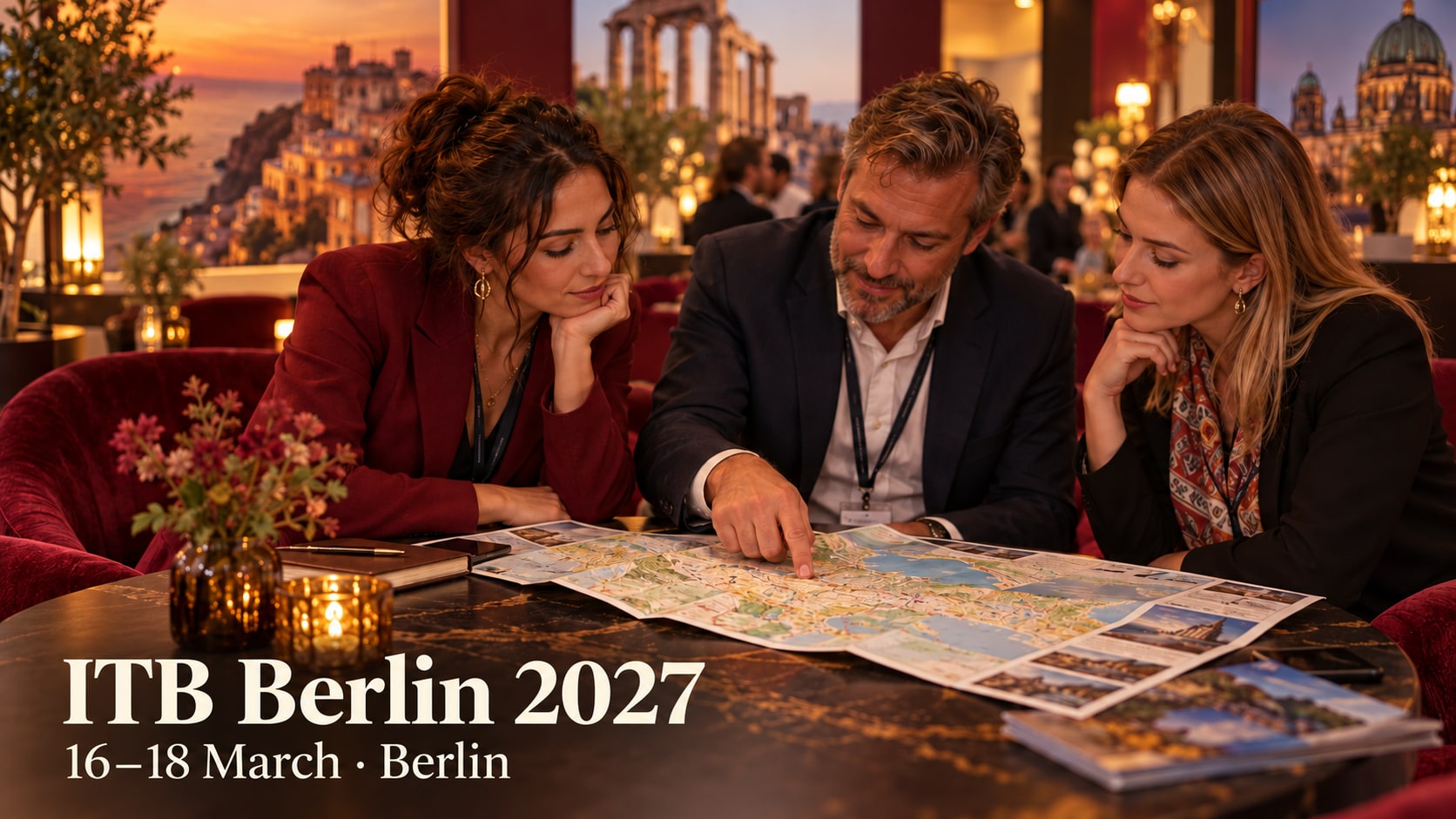 Three travel professionals review a destination map around a lounge table.