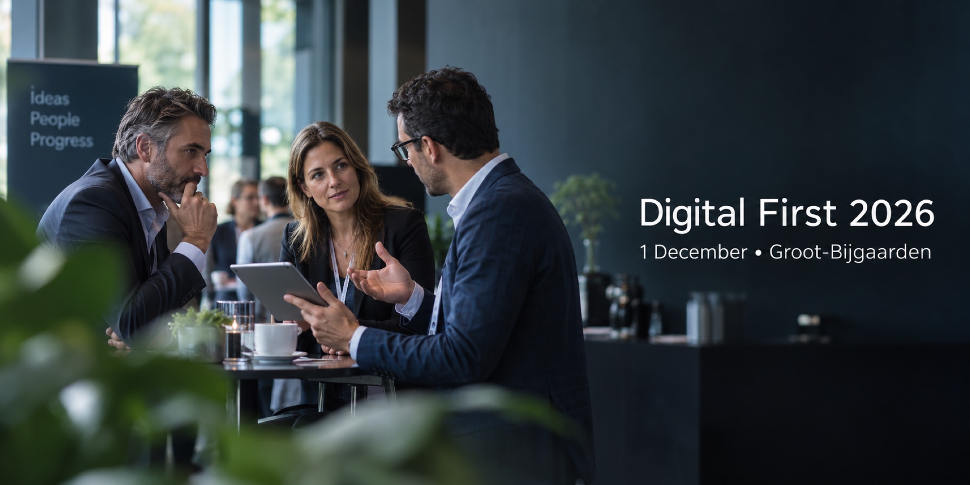 Three business professionals discussing a tablet at a conference networking table.