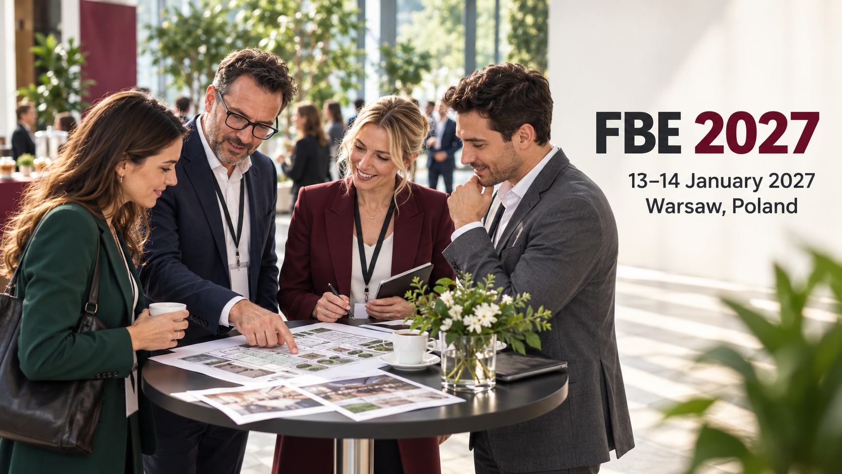 Event planners discussing a venue plan around a standing table, with FBE 2027, 13–14 January and Warsaw shown in the cover.