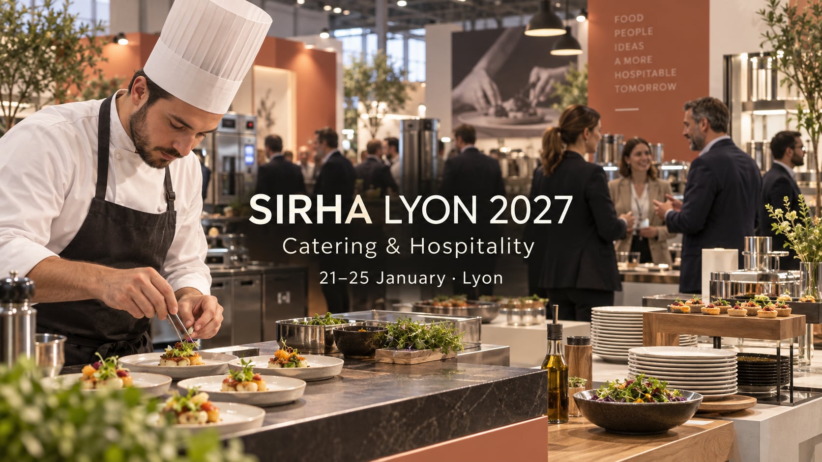 Sirha Lyon 2027 cover showing a chef preparing catering dishes beside professional kitchen equipment.