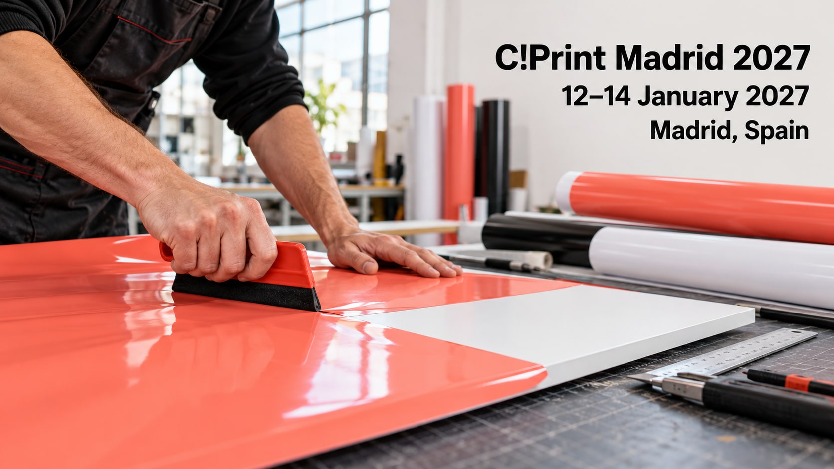 A sign-maker applies coral-coloured vinyl to a display panel with a squeegee.
