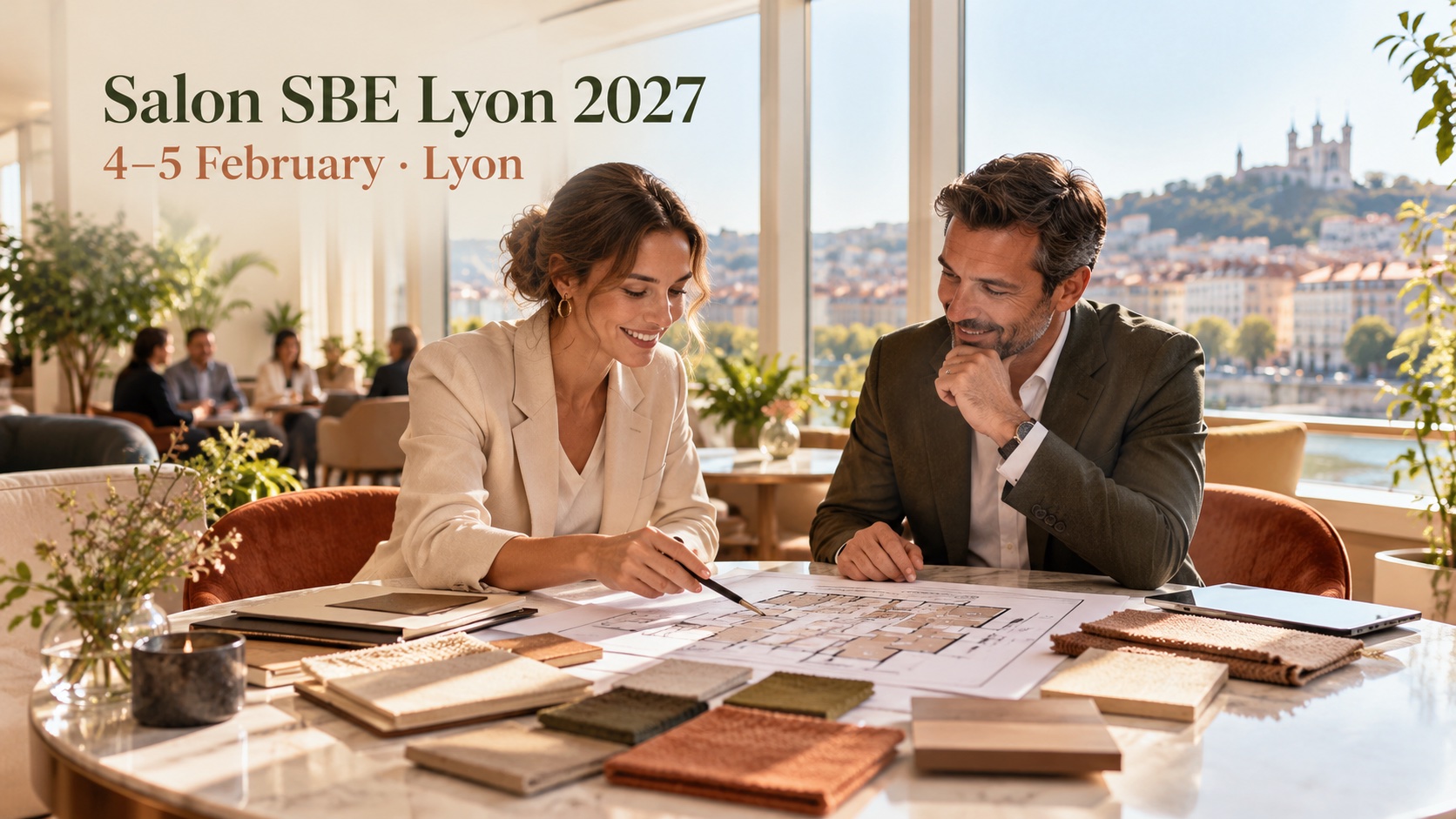 Deux professionnels comparent un plan de lieu et des échantillons autour d’une table.