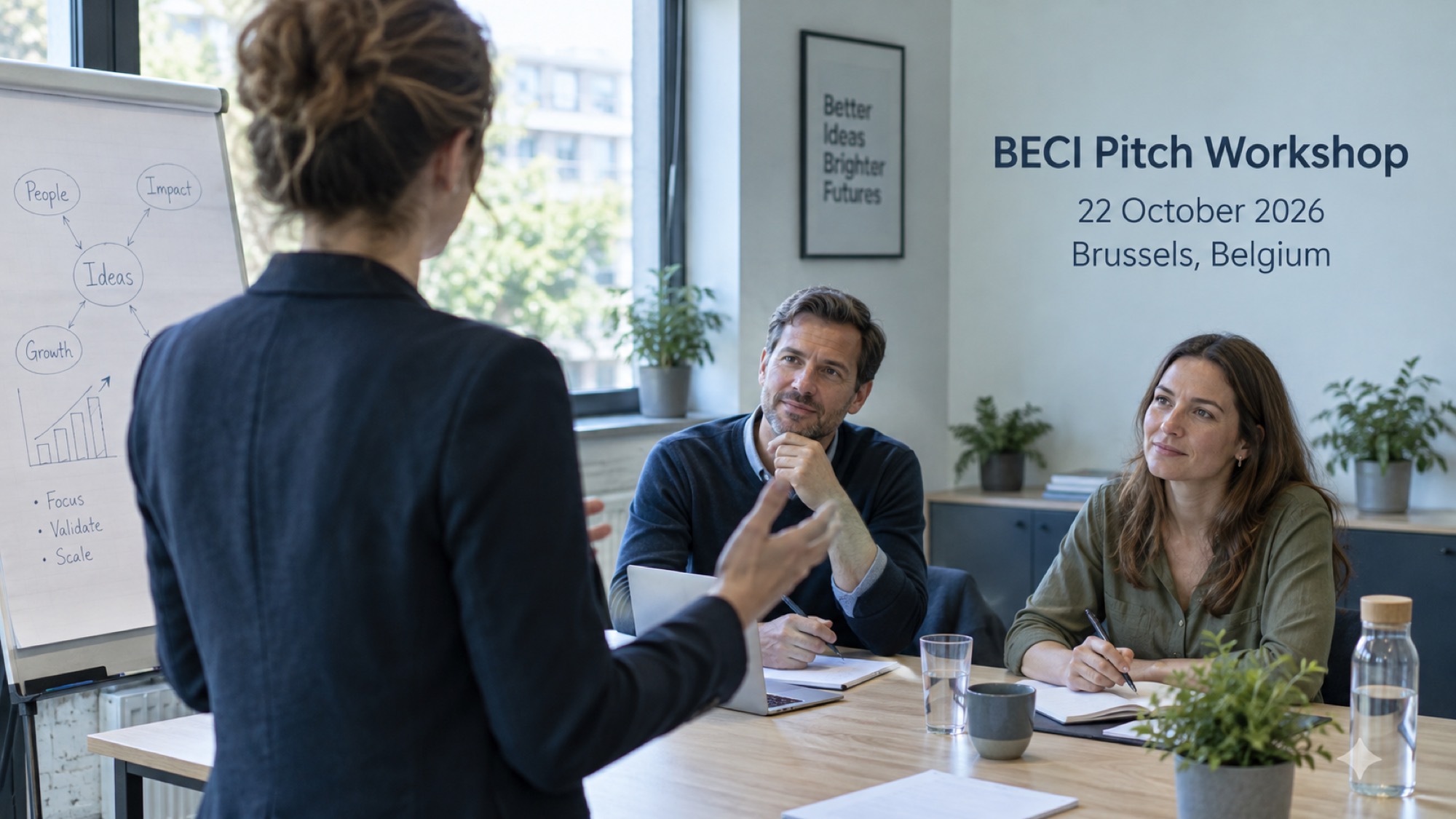 A workshop participant presenting to two listeners beside a flipchart.